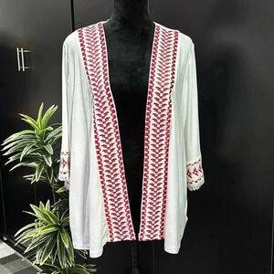 Style & Co. Global Escape cardigan,kimono, embroidered trim, tassel, 3/4  sleeve